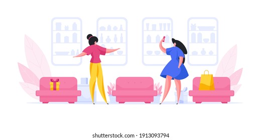 Vector illustration of female seller standing near sofas and helping lady to select perfume while working in modern cosmetic store in mall