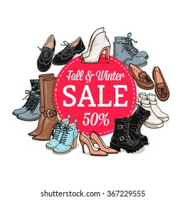 Vector illustration of female shoes and bags sale banner. Hand-drown fashion objects illustrations. Fall winter fashion collection