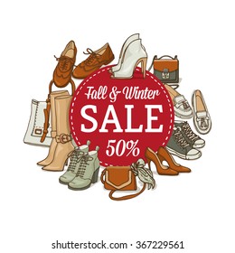 Vector illustration of female shoes and bags sale banner. Hand-drown fashion objects illustrations. Fall winter fashion collection