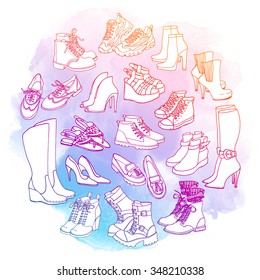 Vector illustration of female shoes, boots set. Hand-drown footwear illustrations. Watercolor fashion collection. 