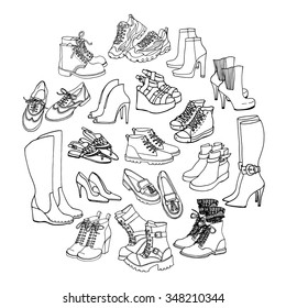 Vector illustration of female shoes, boots set. Hand-drown footwear illustrations. Black and white doodle fashion collection. 