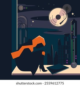 Vector illustration, female silhouette against the backdrop of a night city and the moon as a vinyl disc. For a poster, record cover and poster.