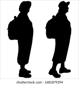 Vector illustration of a female silhouette with a backpack on her back. Two elderly women go and examine everything from side to side. Retirement Holidays. Journey. Adventures. Grandmother in a hat.