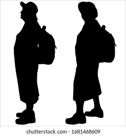 Vector illustration female silhouette in black isolated on a white background. Pensioners on vacation with backpacks on their backs. Older woman. Grandmother in a skirt and a hat. Deserved vacation.