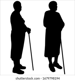 Vector illustration of a female silhouette. Elderly woman with a wand. Two grandmothers lean their hands on sticks. Black silhouette isolated on a white background. Old girlfriends. Stroll. Arthritis.