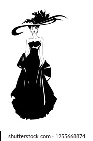 Vector illustration. Female silhouette. Girl in a long evening dress and a hat with feathers
