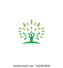 Vector illustration with female silhouette in meditating pose, Health Spa Meditation Harmony Logotype concept.
