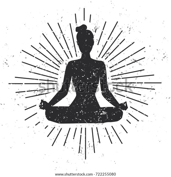 Vector illustration\
with female silhouette in meditating pose with scroll and sunburst\
on white background with grunge texture. Yoga concept print,\
poster, card and flyer\
design.