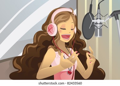 A vector illustration of a female singer singing in a recording studio