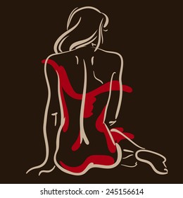 Vector illustration of a female sitting back in a red dress on a dark brown background. Fast sketch.