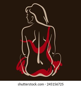 Vector illustration of a female sitting back in a red dress on a dark brown background. Fast sketch.