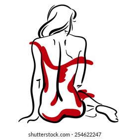 Vector illustration of a female sitting back in a red dress on a white background. Fast sketch.