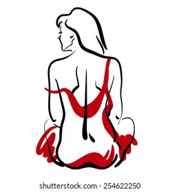 Vector illustration of a female sitting back in a red dress on a white background. Fast sketch.