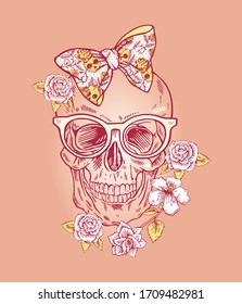 Vector illustration of female skull with bow, glasses and flowers.