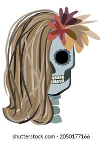 Vector illustration of female skull decorated with flowers. Isolated on white background. 