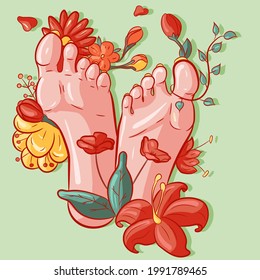 Vector illustration of female soles of feet around flowers, leaves and exotic vegetation. Barefoot woman with tropical plants around her legs. Conceptual art with pastel colors.