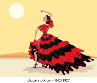 vector illustration of a female spanish flamenco dancer in a black and red dress in eps 10 format