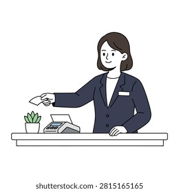 Vector illustration of a female staff working at a cashier counter handing a receipt paper after payment.