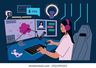 Vector illustration of female streamer at gaming desk with multiple screens, microphone, headphones, gaming setup. Video game interface in flat cartoon style, perfect for gaming, online streaming