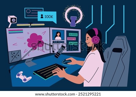 Vector illustration of female streamer at gaming desk with multiple screens, microphone, headphones, gaming setup. Video game interface in flat cartoon style, perfect for gaming, online streaming