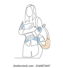 Vector illustration of a female student with documents drawn in line art style