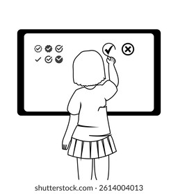 Vector illustration of a female student making a check mark on a blackboard. Cross and check mark.