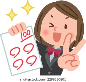 Vector illustration of a female student who is happy to get a perfect score in a test.