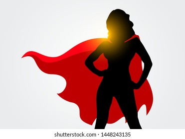 Vector Illustration Female Superhero Silhouette With Cape In Action Poses