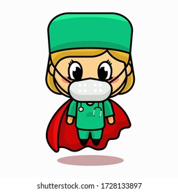 Vector Illustration of female surgery doctor as super hero wearing surgery mask with flying cape