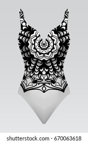 Vector illustration of a female swimsuit. modern print with indian mandala. fashion design
