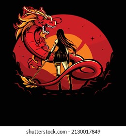 Vector illustration of female swordsman facing a dragon