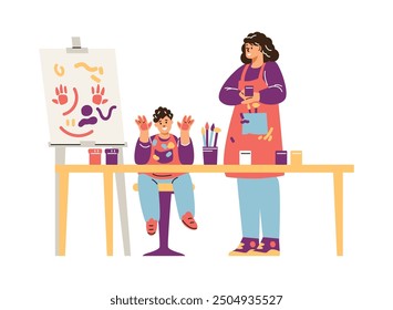 Vector illustration with a female teacher and a child who draws a picture with paint on his hands. An image embodying inspiration and joy in art therapy