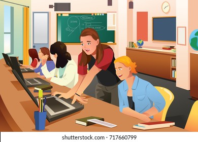 A vector illustration of Female Teacher in Computer Class with Students