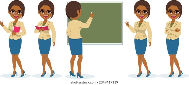 Vector illustration of female teacher on different poses. Woman working, holding book, writing on blackboard, gesturing and with arms crossed mascot character ready back to school