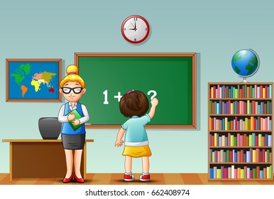 Vector illustration of Female teacher with school girl in a classroom