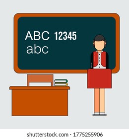 vector illustration of a female teacher standing up and there is a blackboard, desk and book