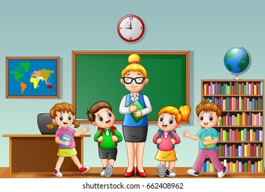 Vector illustration of a female teacher with students in a classroom