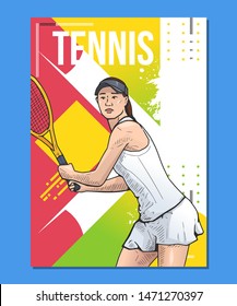 Vector illustration of female tennis player on abstract background. Woman with racket in her hands playing tennis. Sport themed poster