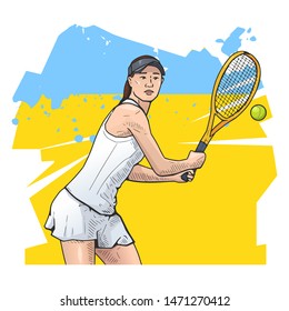 Vector illustration of female tennis player on abstract background. Woman with racket in her hands playing tennis. Sport themed poster