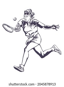 Vector illustration of female tennis player in vintage style isolated on white background