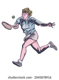 Vector illustration of female tennis player in vintage style isolated on white background