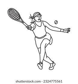 Vector illustration of female tennis player with conversion line art design