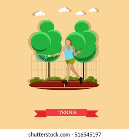 Vector illustration of female tennis player do forehand on the outdoor court. Sportswoman trains strokes with a tennis racket and ball. Active lifestyle. Flat design