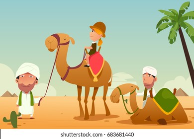 A vector illustration of Female Tourist Riding a Camel in the Desert