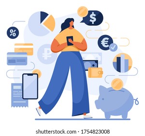 Vector illustration of a female using mobile app. Blue and yellow woman with a smartphone performing financial operations, shopping, making safe payments. Cash, coins, credit card, charts, piggy bank