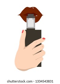 Vector illustration of female vaping. The logo on which the lips painted on with red lipstick draw in vapor from an electronic cigarette (vape), which the girl holds in her hand with a manicure.
