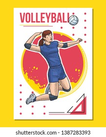 Vector illustration of a female volleyball player jumping. Bright and colorful sport themed poster. Female volleyball team