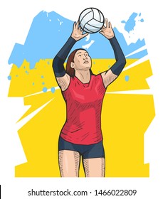 Vector illustration of female volleyball player on abstract background. Volleyball sport themed poster