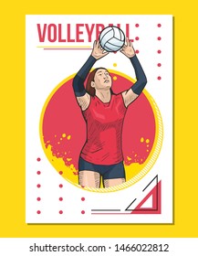 Vector illustration of female volleyball player on abstract background. Volleyball sport themed poster