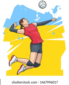 Vector illustration of female volleyball player jumping, ready to hit the ball. Volleyball sport themed poster on abstract background